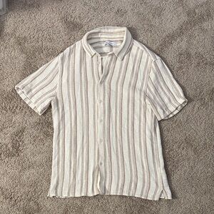 Zara Cream and Tan Vertical Stripe Short-Sleeve Button Shirt